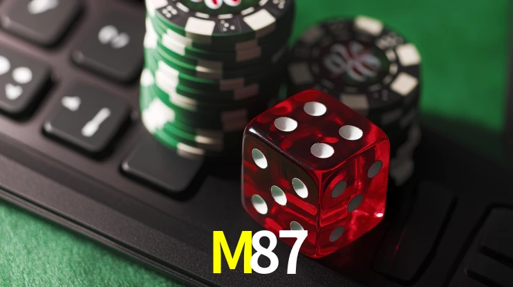 Una escena digital vívida inspirada en casino con M87 mostrado prominentemente, luces brillantes, fichas, cartas y acentos dorados.