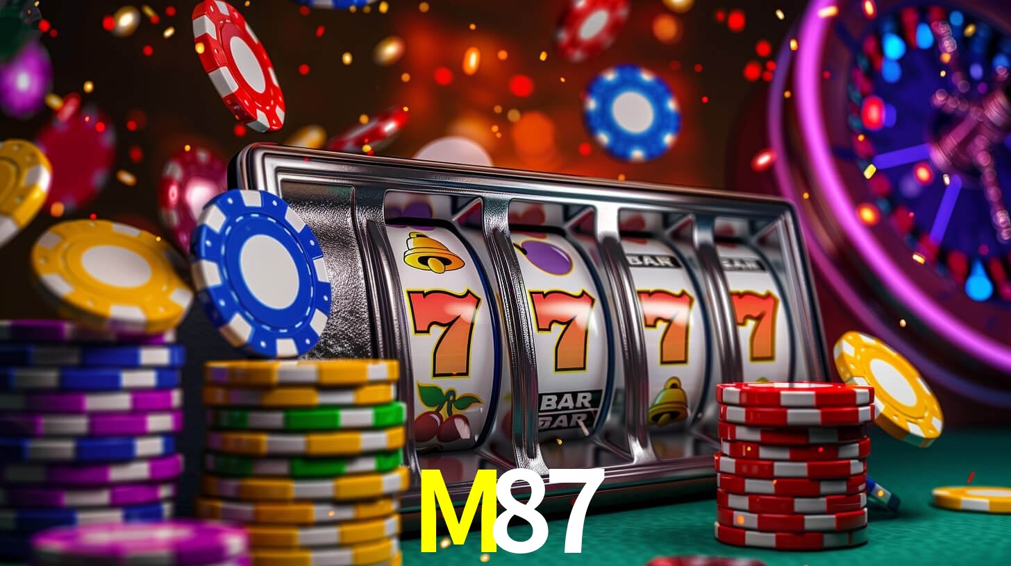 Escena dinámica inspirada en casino con iluminación M87, cartas, fichas e íconos de juegos digitales en un espacio moderno de juegos.